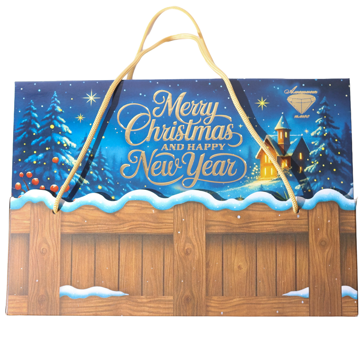 Amethyst Plus Christmas candy gift bag with gold handles and a snowy blue village and wooden fence design.