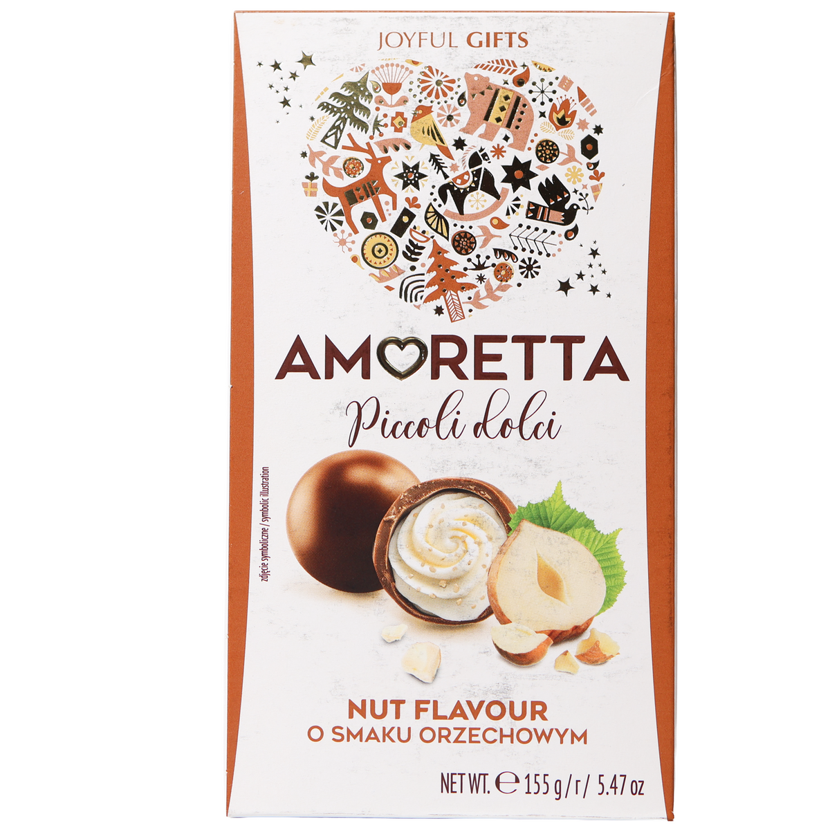 Amoretta Piccoli Dolci nut-flavor pralines in a white and copper gift box with hazelnut and filled-candy illustrations.