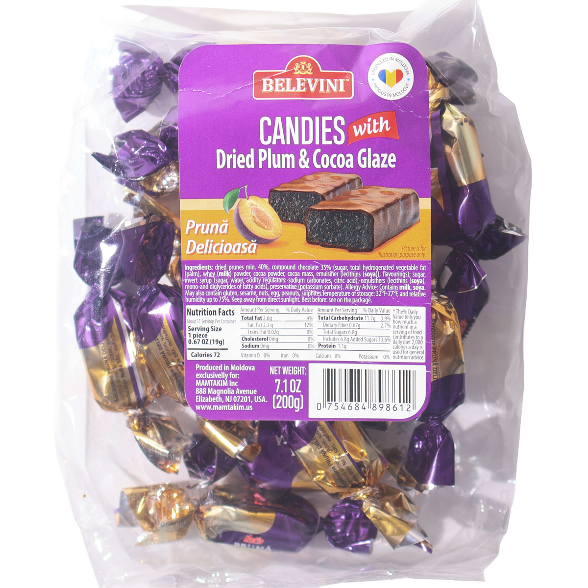 Belevini dried plum and cocoa glaze candies in a clear 7.1 oz bag with a purple label.