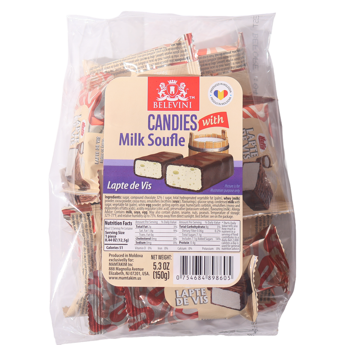 Belevini milk souffle candies in a clear bag with a cream and purple label and wrapped sweets visible.