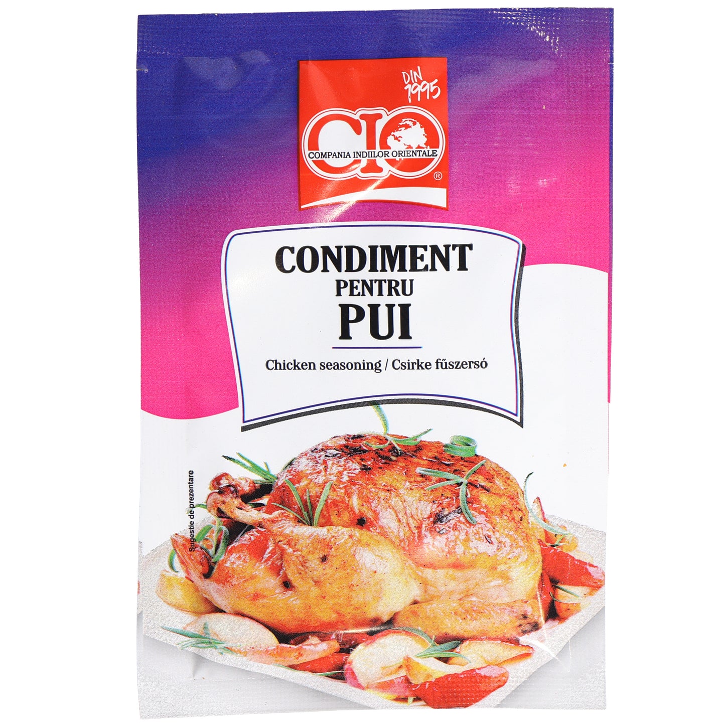 CIO Chicken Seasoning Mix, 0.7 oz (20 g) — a savory blend of herbs, spices, and seasonings specially formulated to enhance chicken dishes. Ideal for roasting, grilling, baking, frying, and marinating chicken, as well as seasoning poultry-based soups, stews, and casseroles. Adds rich flavor, appealing aroma, and balanced seasoning to whole chickens, chicken breasts, thighs, wings, and drumsticks. Convenient packet with CIO branding.