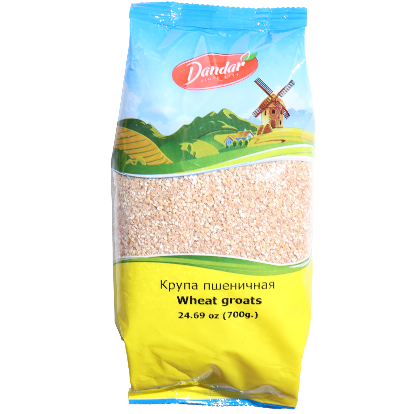 Dandar Wheat Groats, 24.69 oz (700 g) — cracked wheat groats made from selected wheat kernels, ideal for breakfast cereals, side dishes, soups, pilafs, and traditional Eastern European recipes. Offers a hearty texture and mild nutty flavor, packaged in a clear-window bag showcasing the wheat groats with Dandar countryside branding.