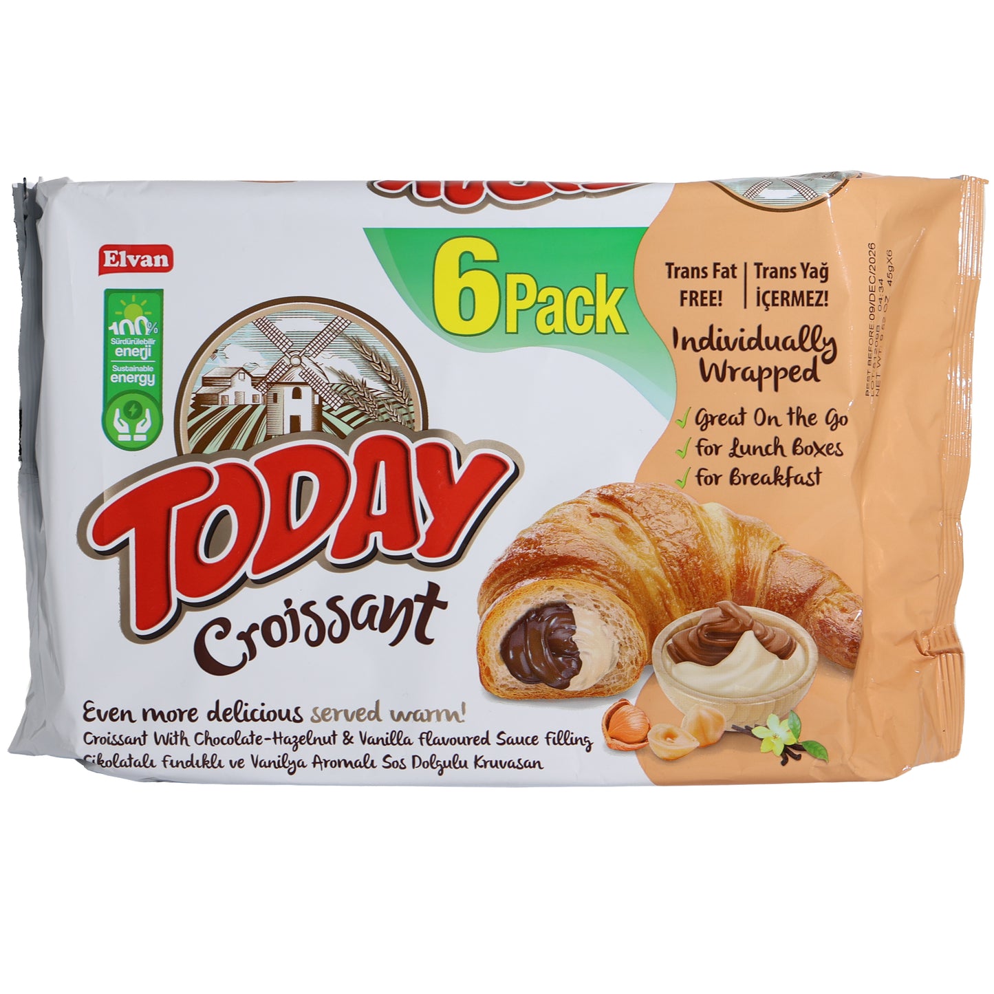 Elvan Today Croissant Chocolate Hazelnut and Vanilla Sauce Filling 6 Pack, 9.5oz