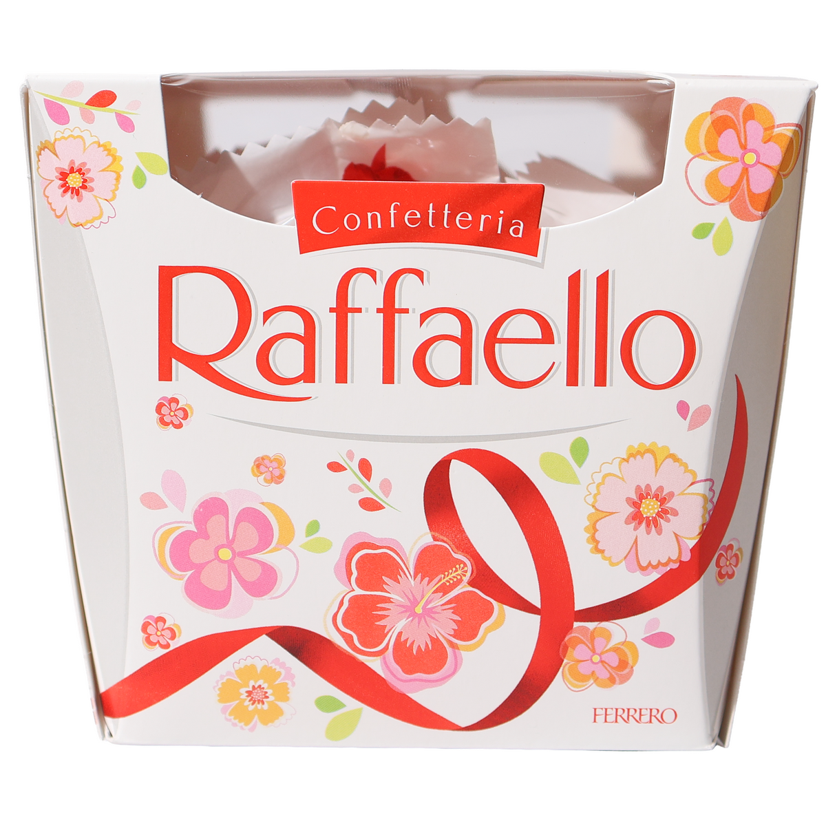 Ferrero Raffaello confections in a white floral gift box with a red ribbon design and clear top window.