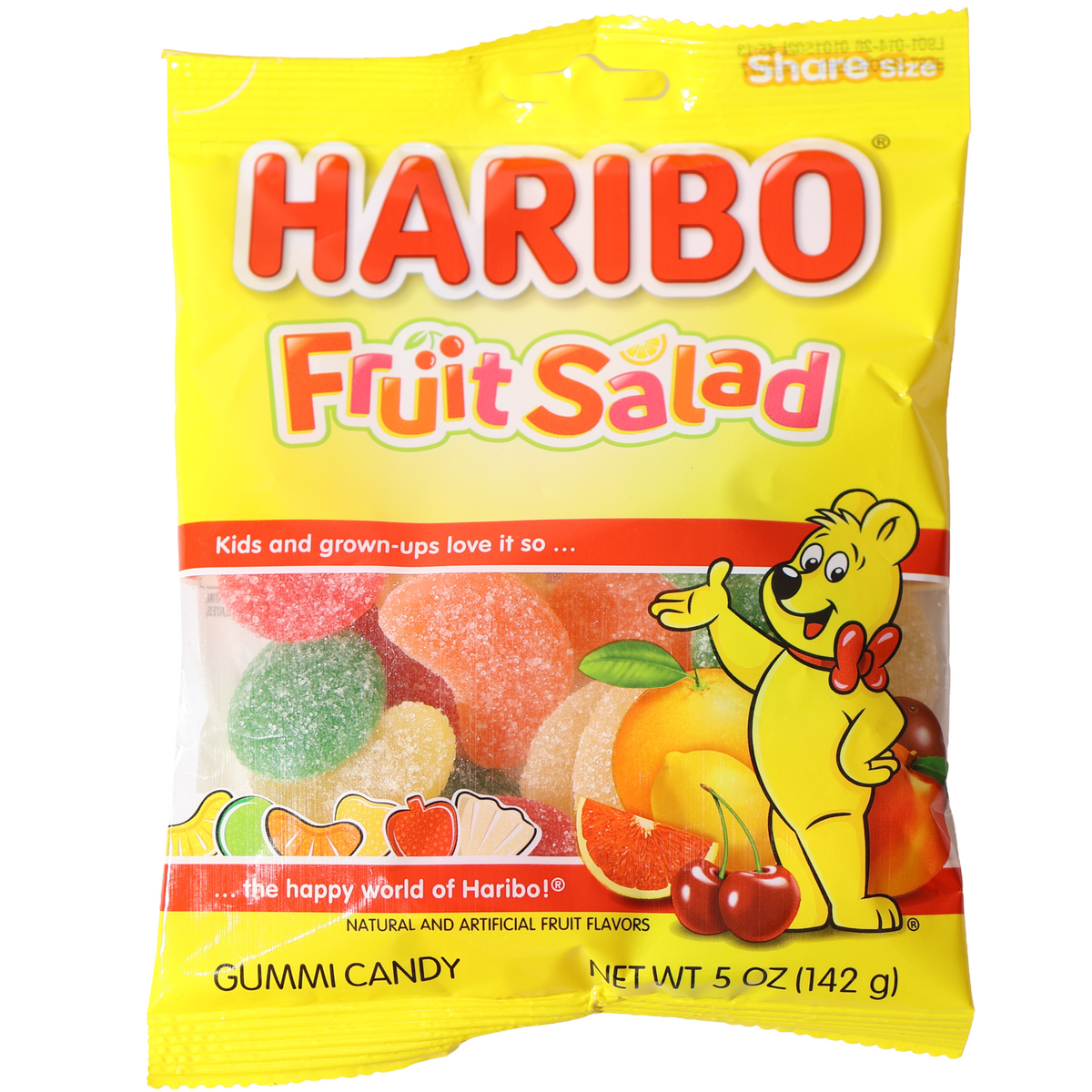Haribo Fruit Salad gummy candy in a yellow 5 oz bag with colorful sugar-coated pieces visible.