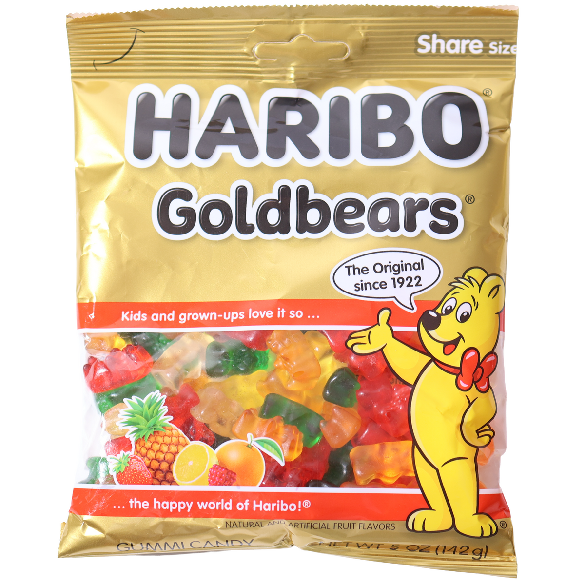 Haribo Goldbears gummy bears in a gold 5 oz bag with colorful bears visible through the clear window.