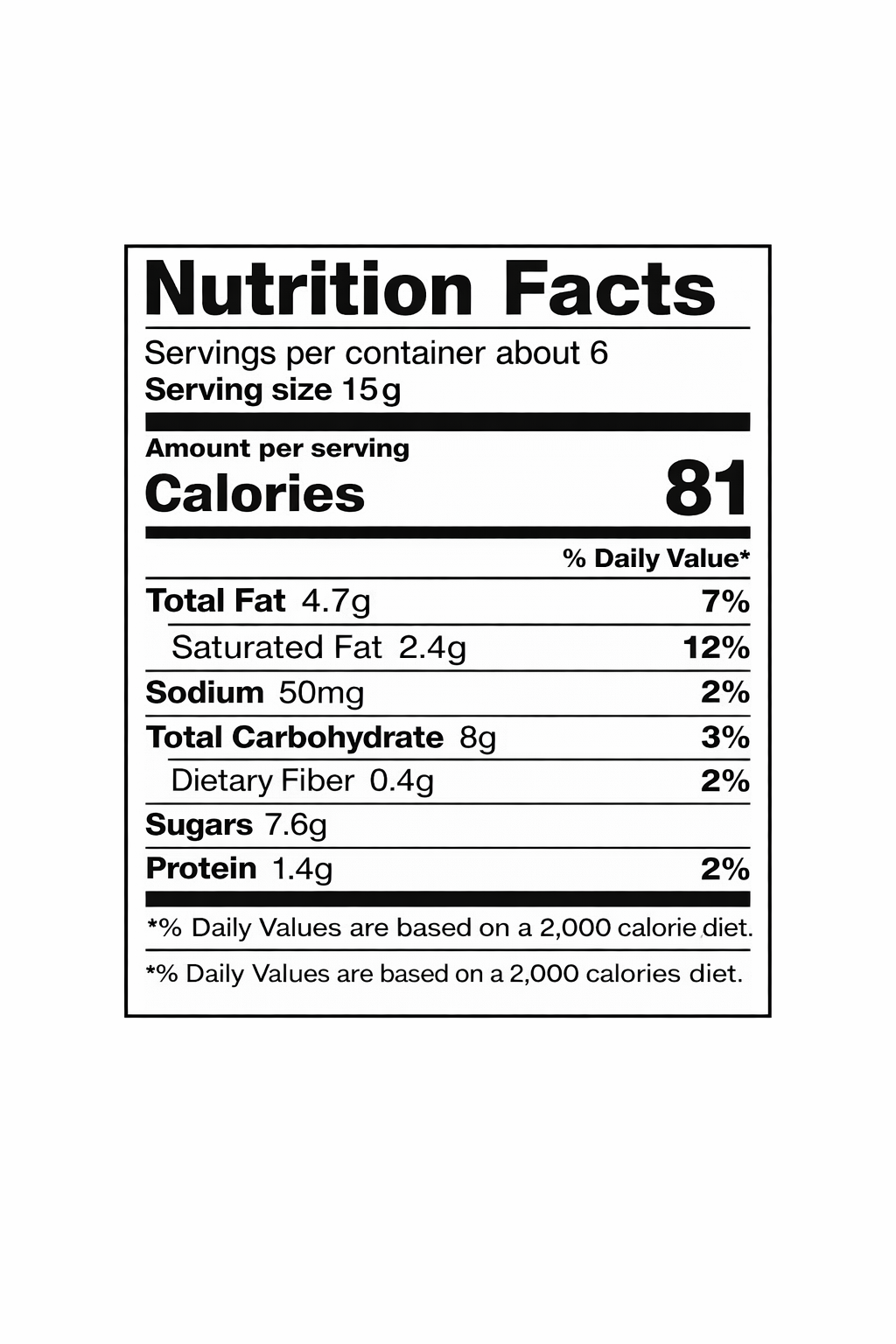 Nutrition facts label — about 6 servings per container; serving size 15 g; 81 calories; total fat 4.7 g (7% DV), saturated fat 2.4 g (12%); sodium 50 mg (2%); total carbohydrate 8 g (3%), dietary fiber 0.4 g (2%), sugars 7.6 g; protein 1.4 g (2%).
