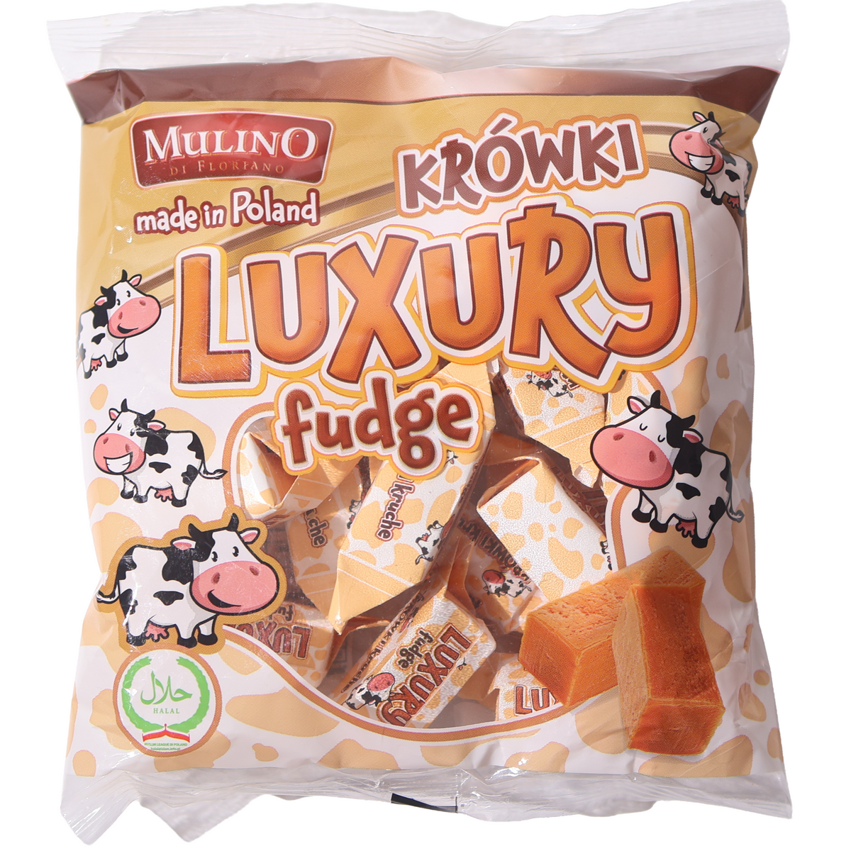 Mulino di Floriano Krówki Luxury milk fudge bag with cow illustrations and individually wrapped sweets.