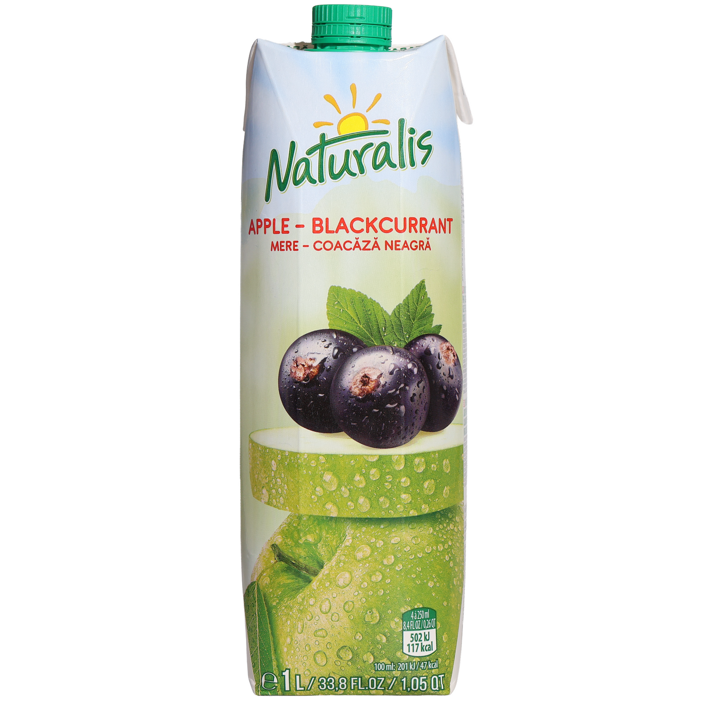 Naturalis Apple Blackcurrant Juice Drink, 33.8 fl oz (1 L) — apple and blackcurrant juice drink featuring crisp green apple and blackcurrant imagery on the front carton packaging.
