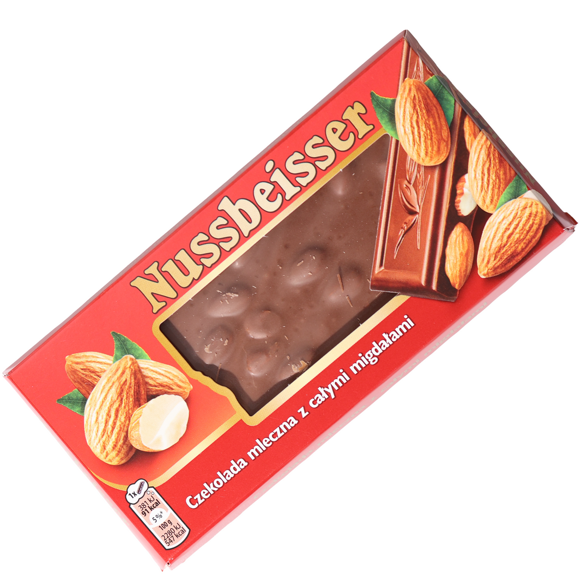 Nussbeisser whole almond milk chocolate bar in a red windowed box illustrated with almonds.