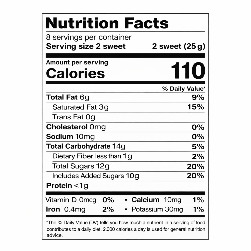 Penzenskaya Ptichye Moloko cream chocolate glazed souffle candies, 7.04 oz — nutrition facts label (serving size 2 sweets / 25 g)