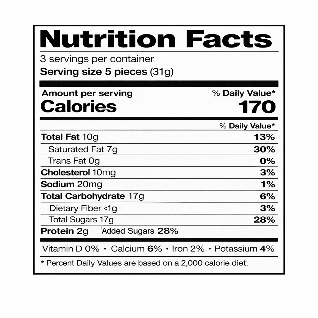 Nutrition Facts label for Ritter Sport Alpenmilch (Alpine Milk) chocolate bar — 3 servings per container, serving size 5 pieces (31 g), 170 calories per serving.