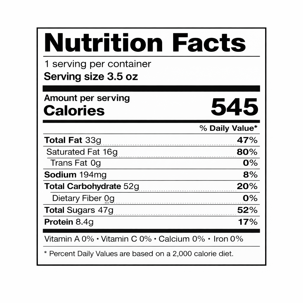 Ritter Sport Cashew milk chocolate bar, 3.5 oz — nutrition facts label (1 serving per container, 545 calories)