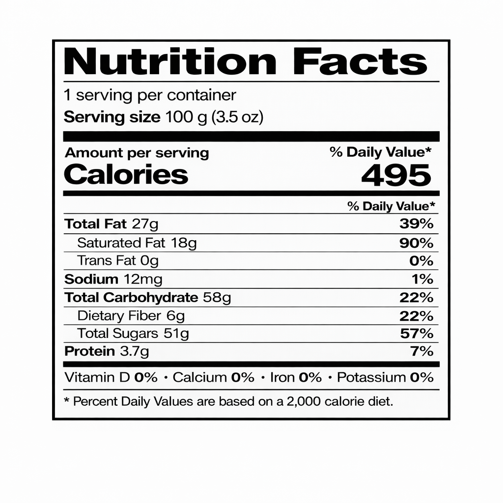 Nutrition Facts label for Ritter Sport Orange dark chocolate bar (1 serving per container), serving size 100 g (3.5 oz), 495 calories.
