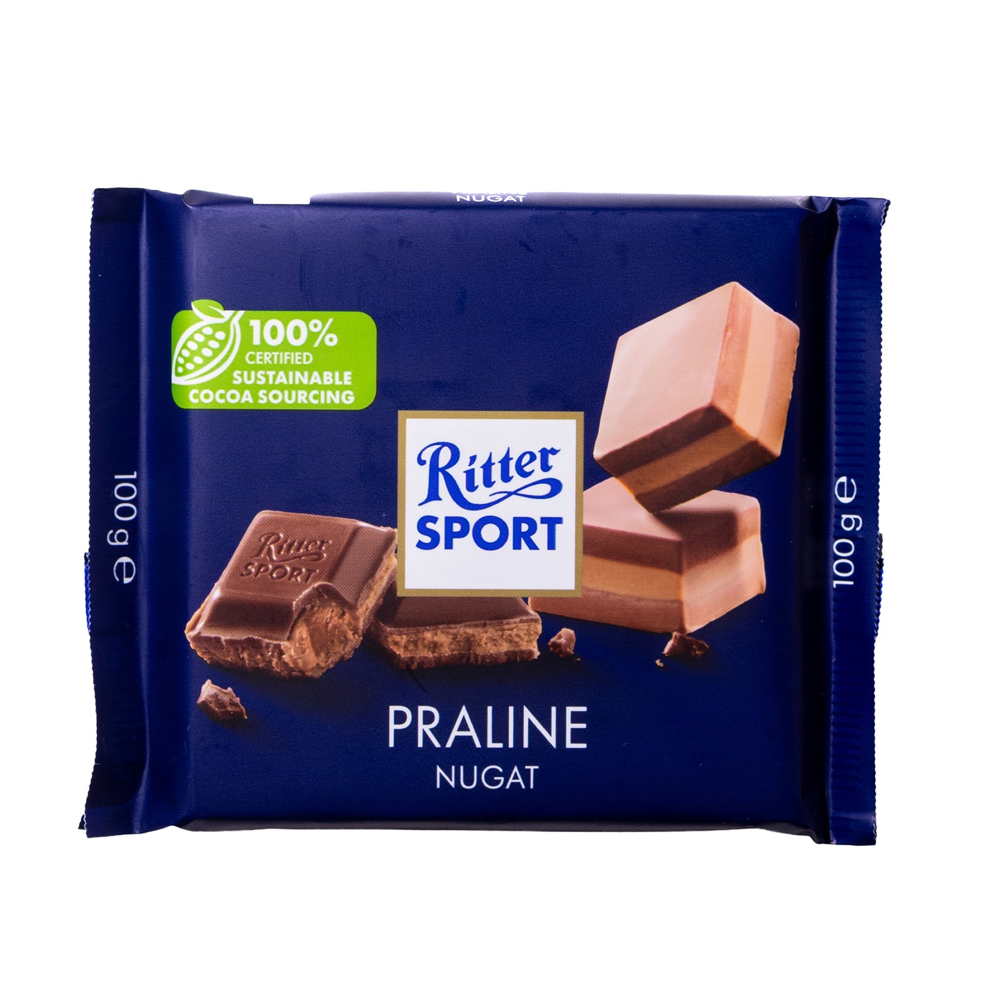 Ritter Sport Praline Nugat milk chocolate bar, 3.5 oz, blue wrapper with āPraline Nugatā text and chocolate piece graphic on a white background.