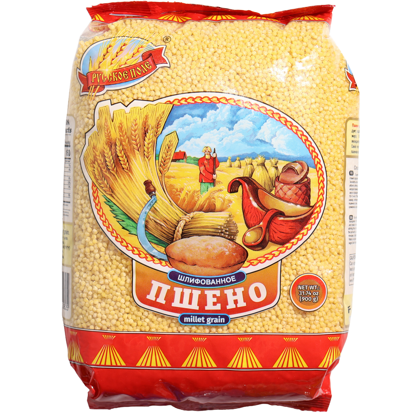 Russkoe Pole Polished Millet Grain, 31.74 oz (900 g) — polished millet grain, a naturally gluten-free cereal grain commonly used for porridge, side dishes, casseroles, and traditional Eastern European recipes. Packaged in a clear bag showcasing the millet with classic Russkoe Pole farm-themed branding.