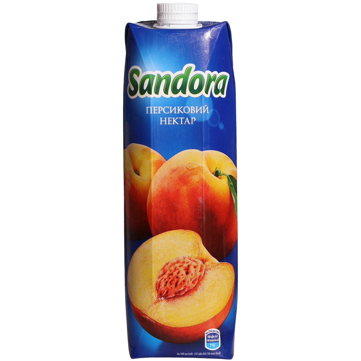 Sandora Peach Nectar with Pulp, 32.12 fl oz (950 mL) — peach nectar beverage with fruit pulp, featuring ripe peach imagery on the front carton packaging.