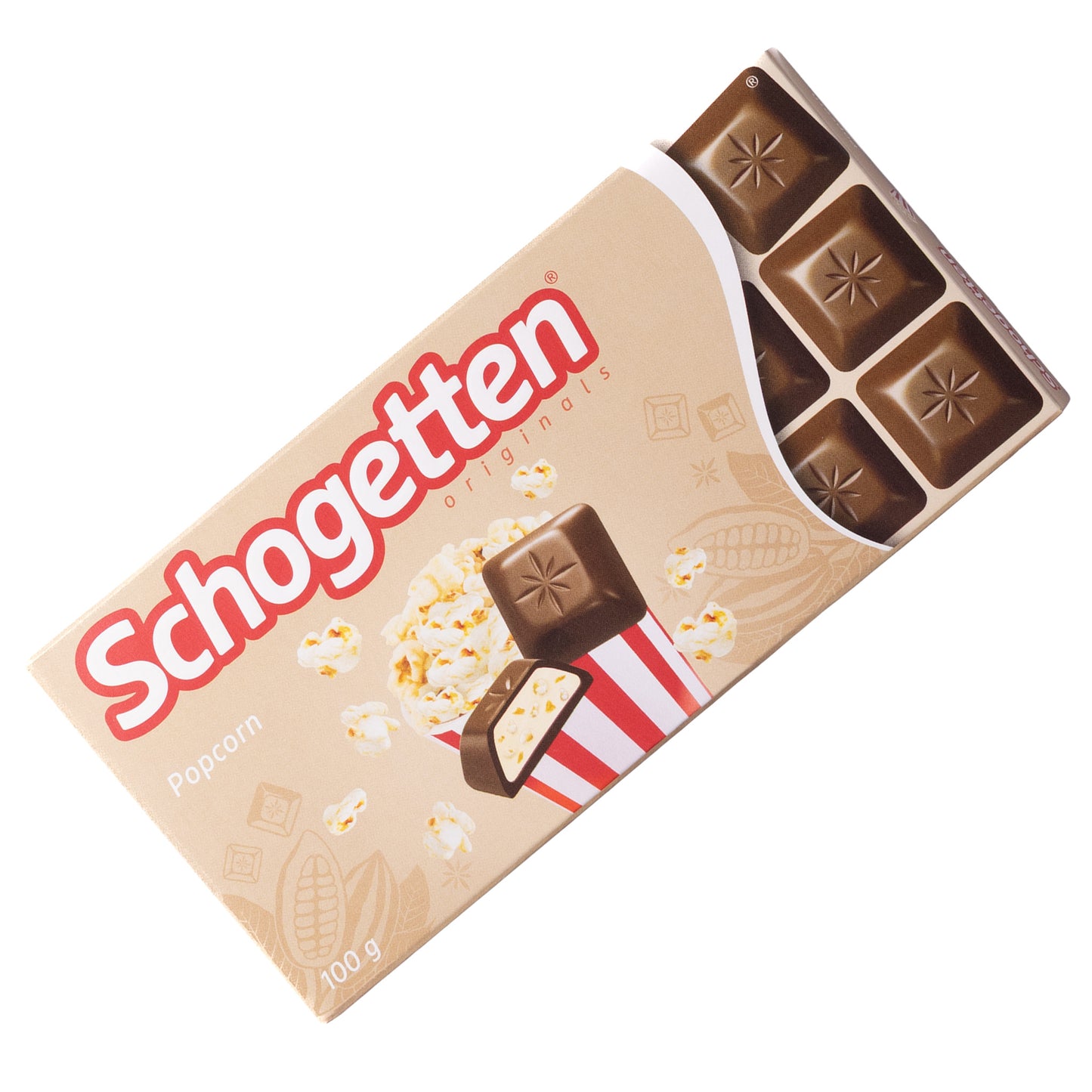 Schogetten Popcorn milk chocolate with milk cream filling bar, 3.53 oz, front packaging with popcorn bucket and chocolate squares shown