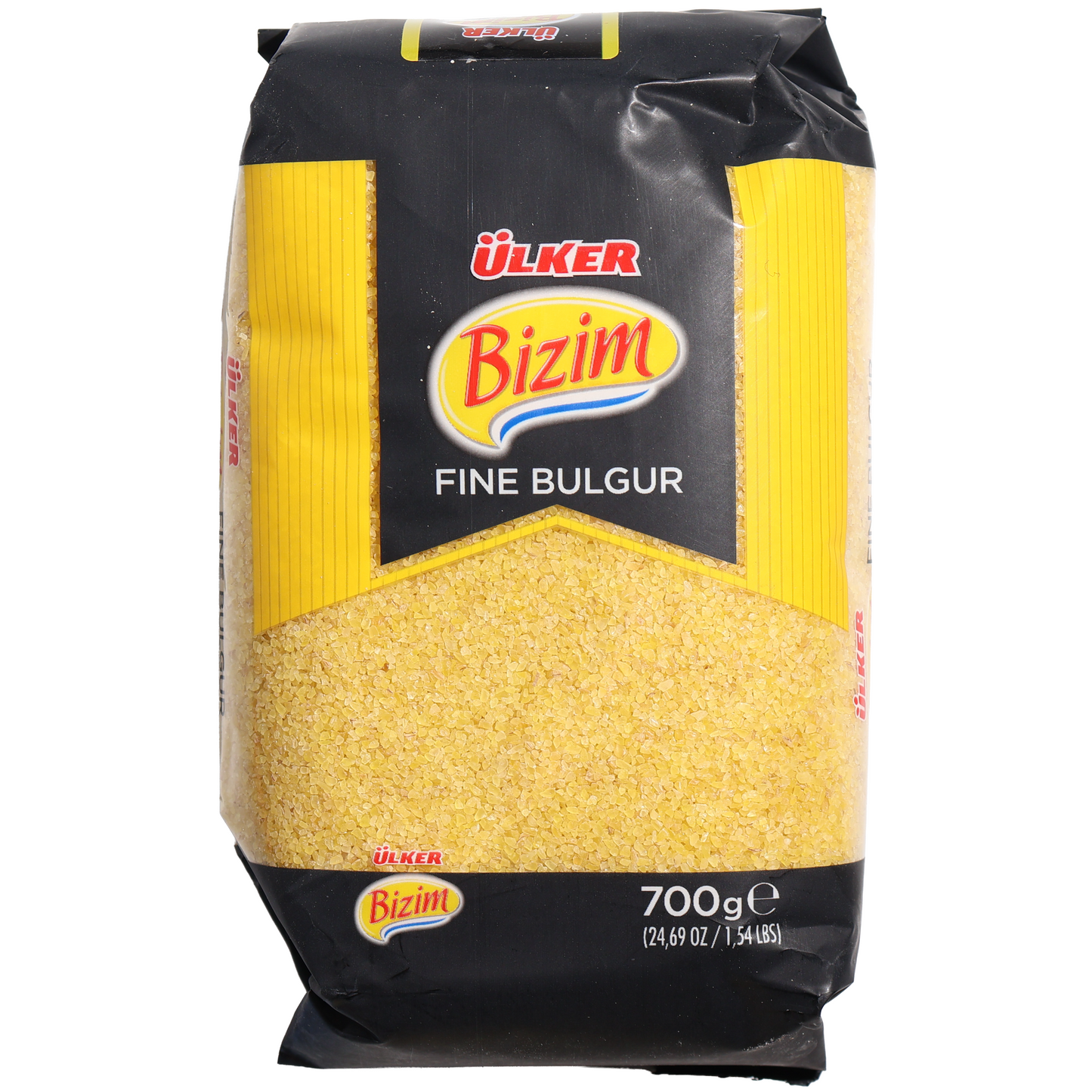 Ülker Bizim Fine Bulgur, 24.69 oz (700 g) — fine bulgur made from cracked durum wheat, ideal for tabbouleh, kibbeh, pilafs, salads, stuffing, and a variety of Middle Eastern and Mediterranean dishes. Quick-cooking and versatile, packaged in a clear-window bag with Ülker Bizim branding.