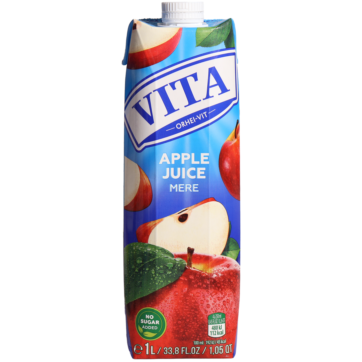 Vita Apple Juice from Concentrate, 33.8 fl oz (1 L) — apple juice made from concentrate with no sugar added, featuring fresh red apple imagery on the front carton packaging.
