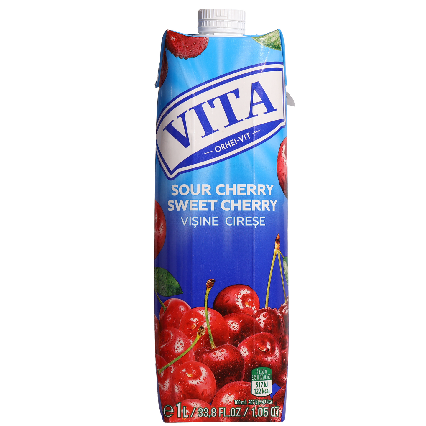 Vita Sour Cherry Sweet Cherry Nectar with Pulp, 33.8 fl oz (1 L) — sour cherry and sweet cherry nectar with fruit pulp, featuring ripe red cherry imagery on the front carton packaging.