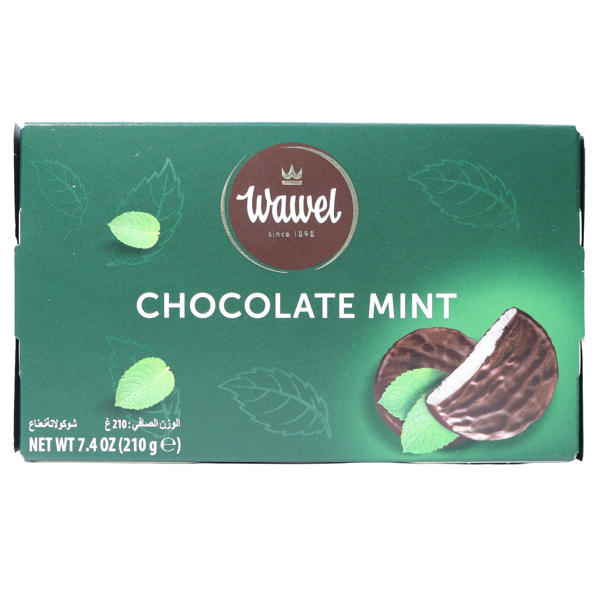 Wawel Chocolate Mint pastilles in a green box with mint leaves and a cutaway coated candy illustration.