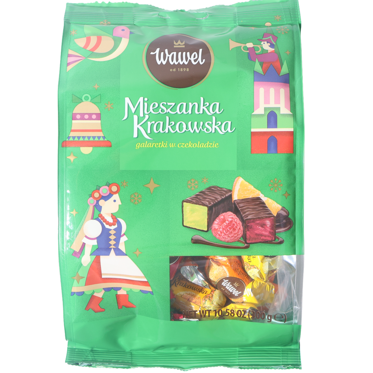 Wawel Mieszanka Krakowska chocolate-covered fruit jellies in a green holiday bag with a clear candy window.