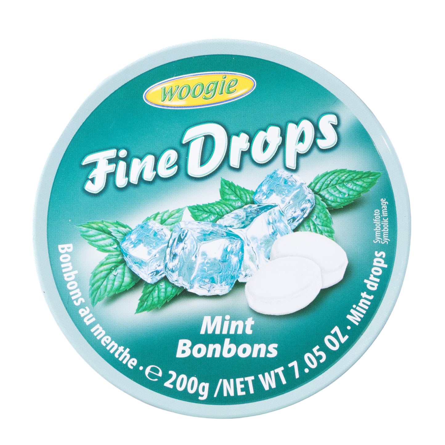 Woogie Fine Drops mint hard candy tin, 7.05 oz, top view of green lid with mint leaves and candies shown