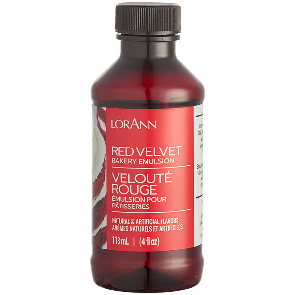 Bottle of Lorann Red Velvet Bakery Emulsion, 4fl oz
