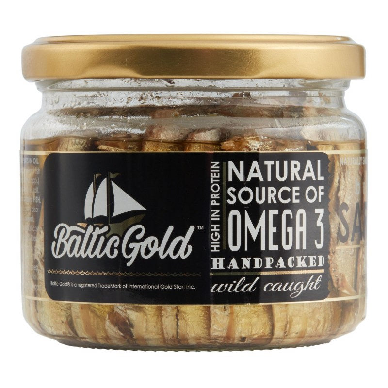 jar of Baltic Gold Smoked Brisling Sardines in Oil, 250g