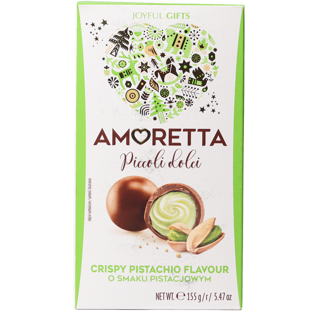 Amoretta Piccoli Dolci crispy pistachio flavour pralines in a white and green box with a festive heart design.