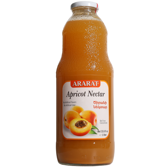 Ararat Apricot Nectar, 33.8 fl oz (1 L) — apricot nectar beverage made from ripe apricots, featuring whole and halved apricot imagery on the front glass bottle label.
