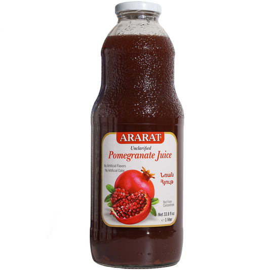 Ararat Unclarified Pomegranate Juice, 33.8 fl oz (1 L) — glass bottle of unclarified pomegranate juice featuring pomegranate imagery on the front label.
