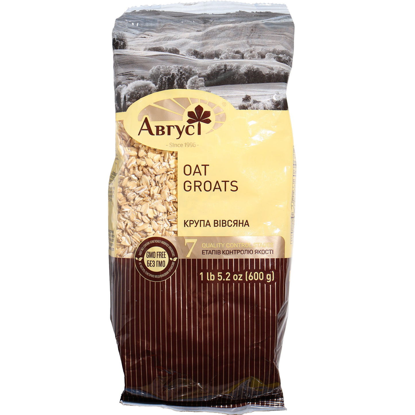 Avgust Oat Groats, 21.2 oz (600 g) — flattened oat groats made from whole oat grains, providing a hearty source of fiber and nutrition. Ideal for hot cereals, porridge, baking, and wholesome breakfast recipes. Packaged in a clear-window bag displaying the oat groats with Avgust branding.
