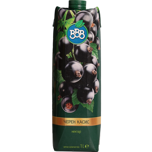BBB Black Currant Nectar, 33.8 fl oz (1 L) — black currant nectar beverage featuring black currant berry imagery on the front carton packaging.
