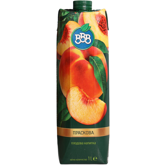 BBB Peach Fruit Drink, 33.8 fl oz (1 L) — peach fruit drink featuring whole and sliced peach imagery on the front carton packaging.
