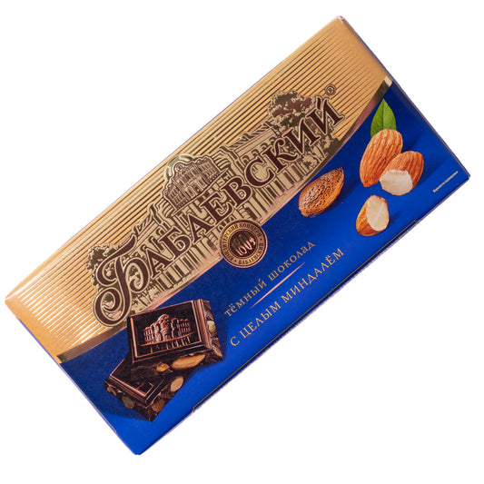 Babaevsky dark chocolate with whole almonds bar, 6.35 oz, front packaging in gold and blue with almonds shown