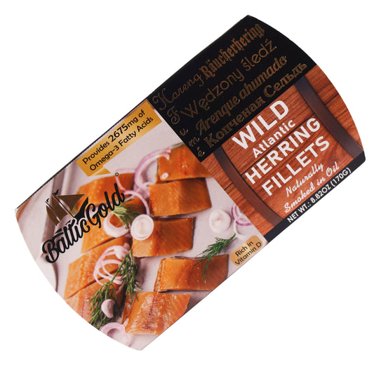 Baltic Gold Wild Atlantic Herring Fillets Naturally Smoked in Oil, 8.82oz