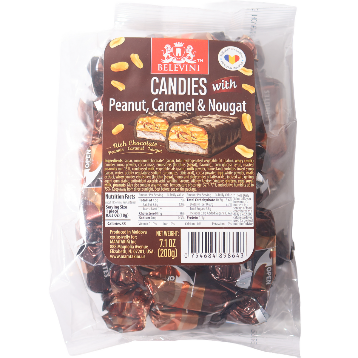 Belevini peanut, caramel and nougat candies in a clear bag with a brown product and nutrition label.