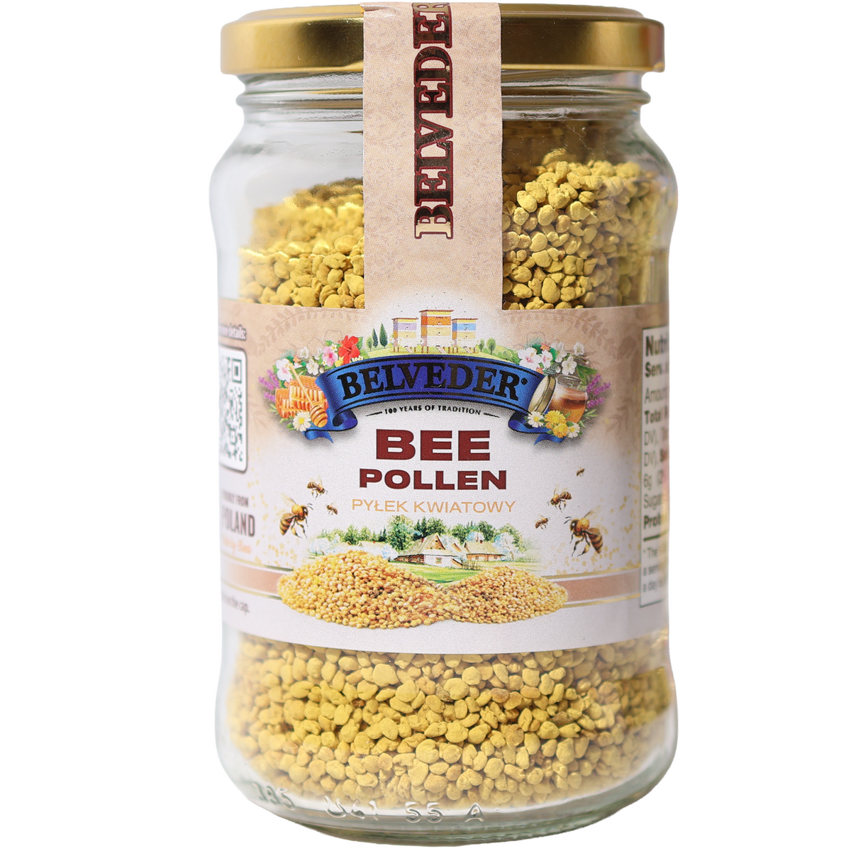 Belveder bee pollen granules in a clear glass jar with a gold lid and illustrated cream label.