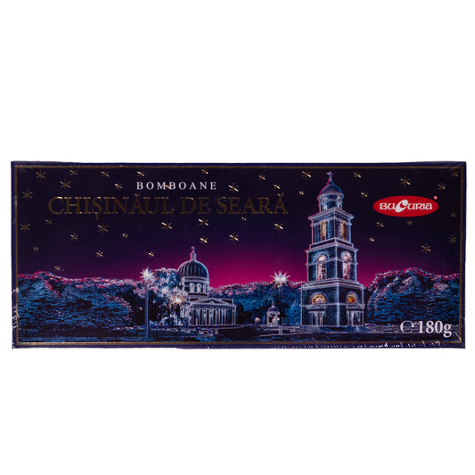 Bucuria Chisinaul de Seara chocolate glazed prune & raisin sweets box, 6.36 oz, front packaging with night cityscape artwork