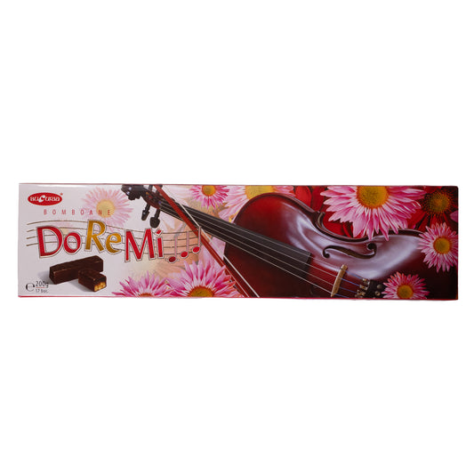 Bucuria DoReMi peanut & honey chocolate glazed sweets box, 7.05 oz, front packaging with violin and flowers