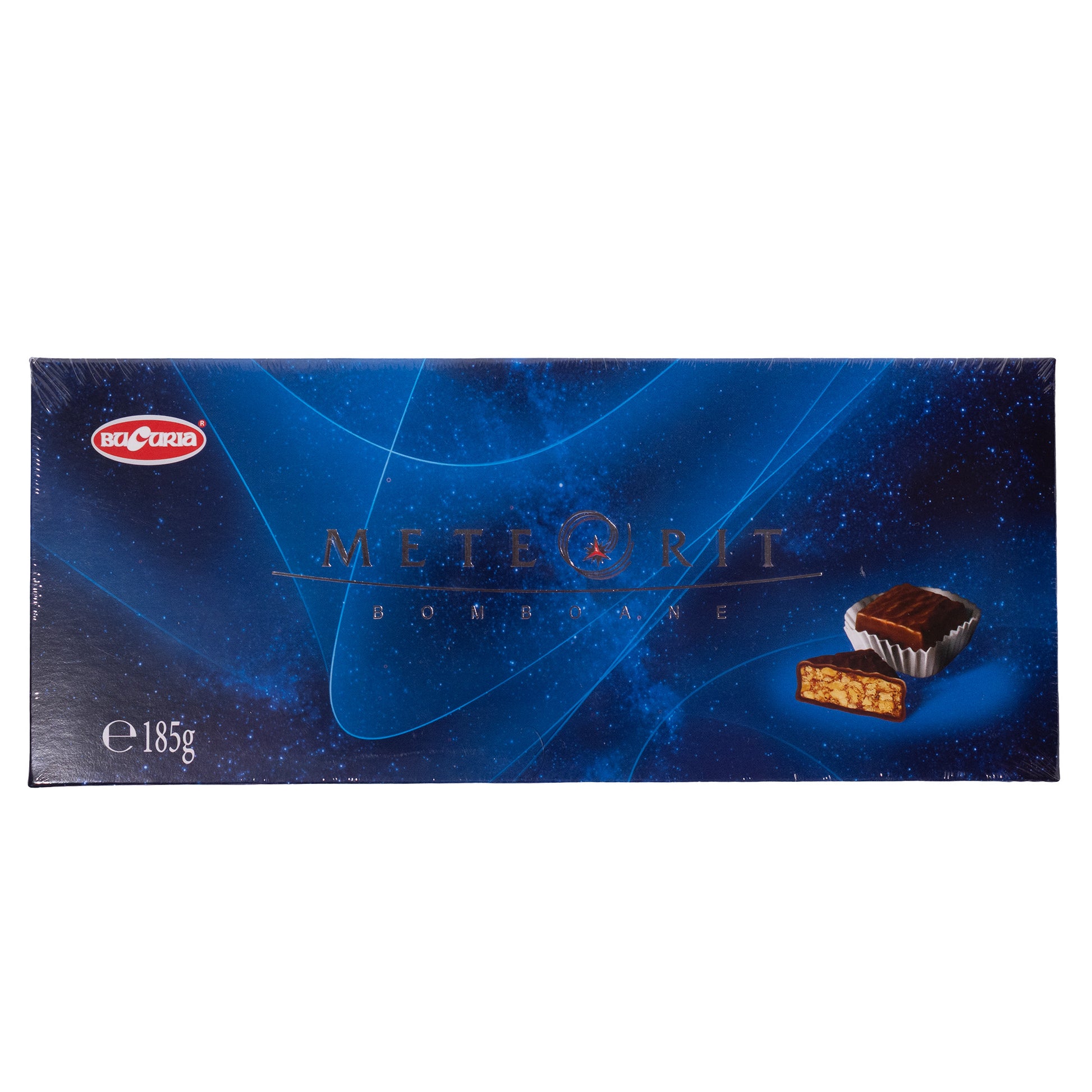 Bucuria Meteorit peanut & honey chocolate glazed sweets box, 6.53 oz, front packaging with blue space-themed design