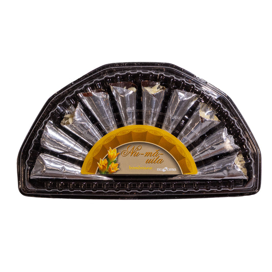 Bucuria Nu-ma-uita chocolate glazed sweets tray, 5.99 oz, top view of fan-shaped plastic tray with wrapped candies