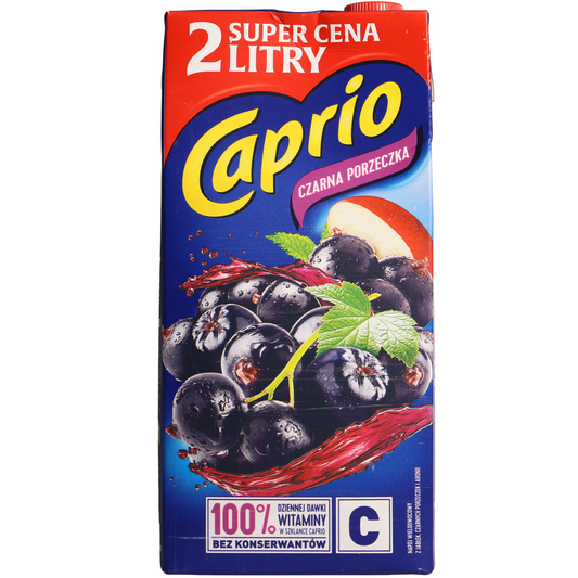 Caprio Blackcurrant Multi-Fruit Drink, 67.6 fl oz (2 L) — blackcurrant-flavored multi-fruit drink carton featuring blackcurrants, fruit imagery, and vitamin C on the front label.
