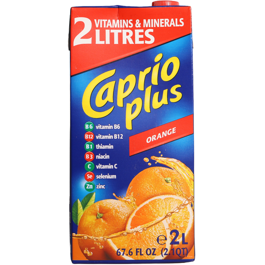 Caprio Plus Orange Fruit Drink, 67.6 fl oz (2 L) — orange-flavored fruit drink with added vitamins and minerals, featuring fresh oranges and orange slices on the front carton.
