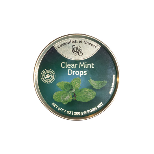 Cavendish & Harvey Clear Mint Drops peppermint candies tin, 7 oz, top view of green tin lid with mint leaves
