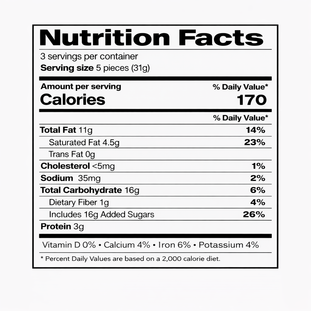 Nutrition facts label — 3 servings per container, serving size 5 pieces (31g), 170 calories per serving.