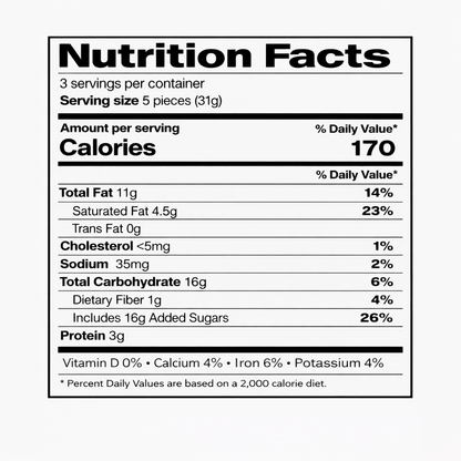 Nutrition facts label — 3 servings per container, serving size 5 pieces (31g), 170 calories per serving.