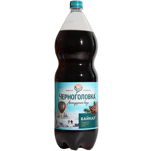 Chernogolovka Baikal Herbal Soda, 50.7 fl oz (1.5 L) — traditional carbonated herbal soft drink made with a blend of aromatic herbs and plant extracts, featuring scenic Baikal-inspired artwork on the front label.
